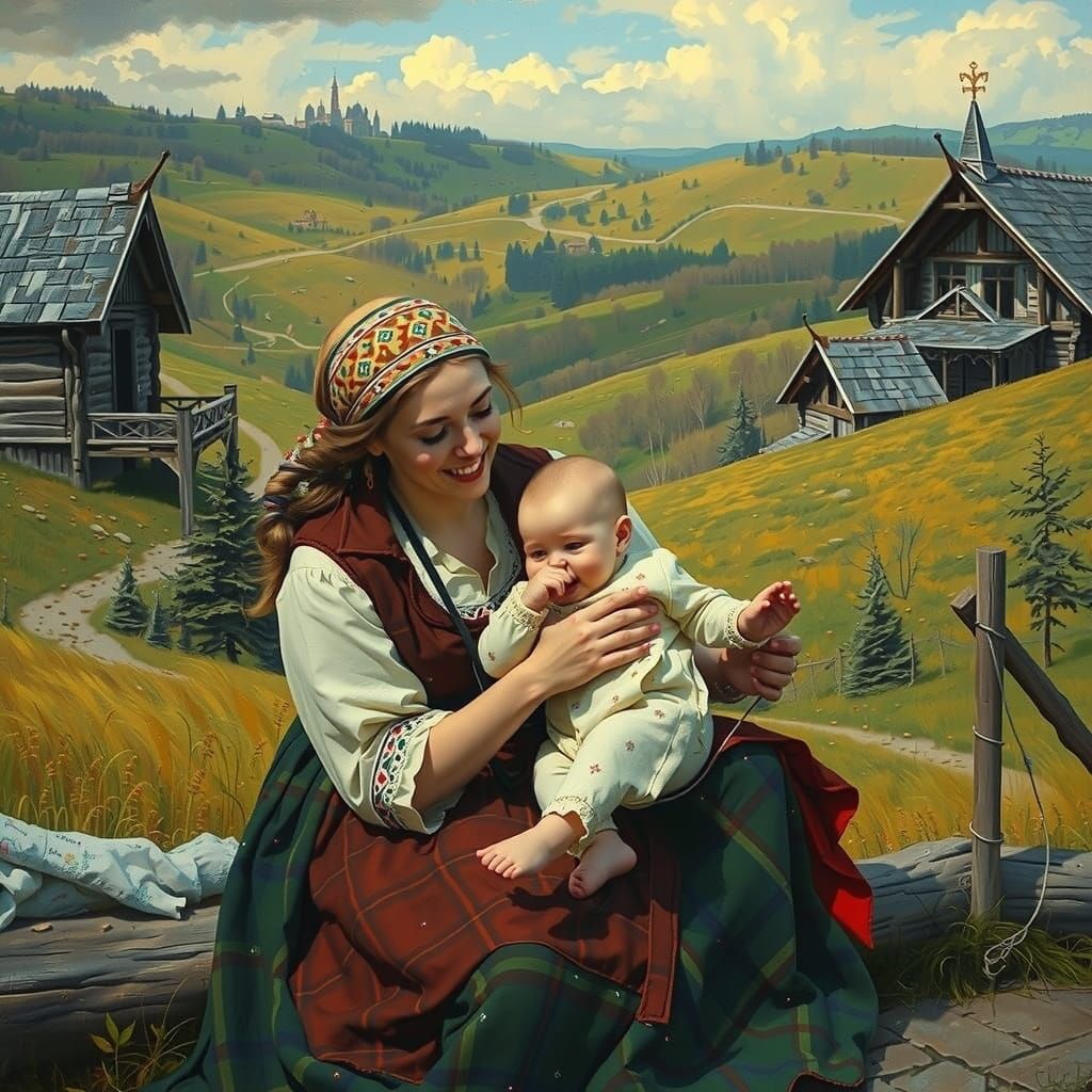 Mother and Child in Ancient Russia, Illustrative Style