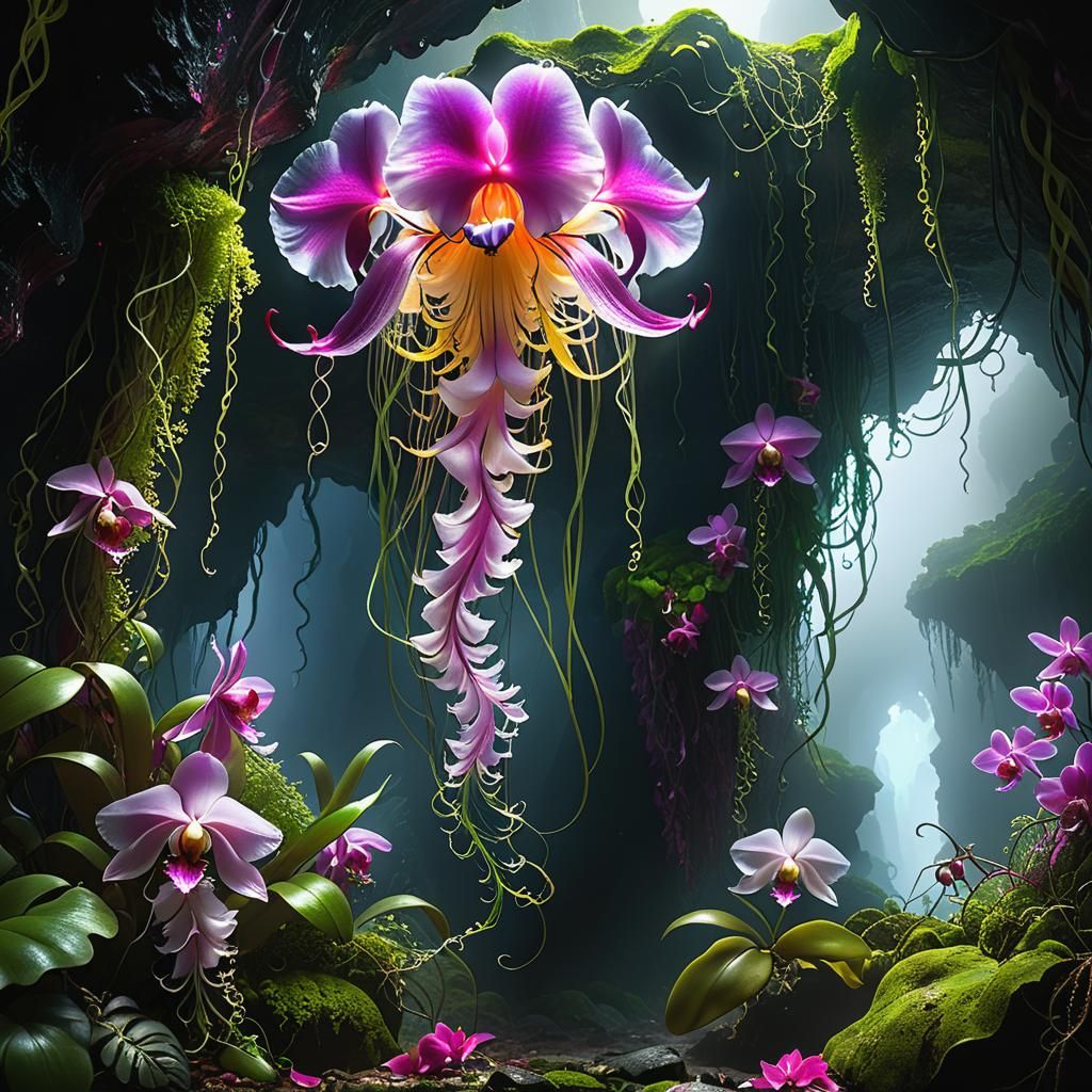 Magical Bioluminescent Plant in Hidden Cave, Digital Paintin...