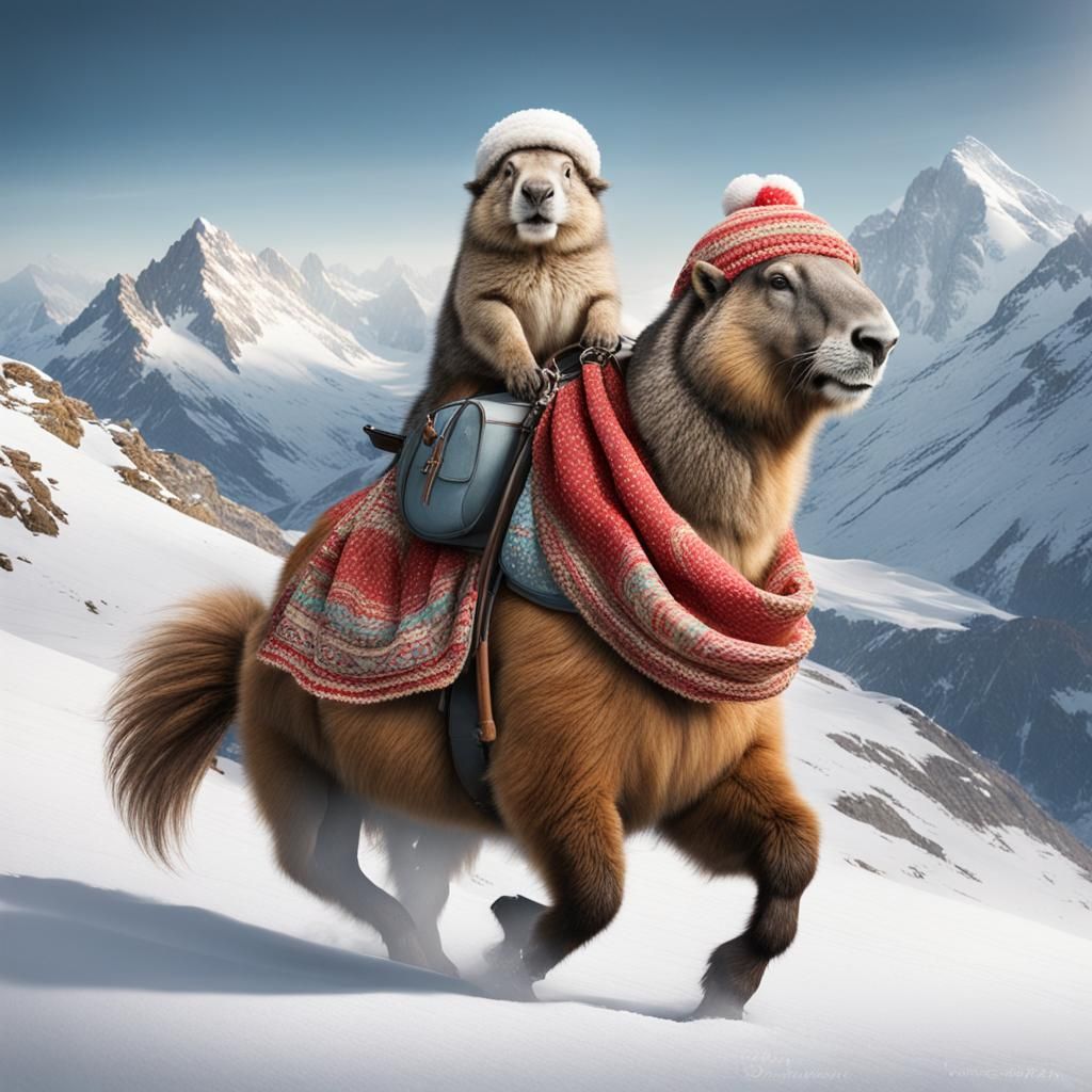 Marmot Rides Snow Horse in Mountains