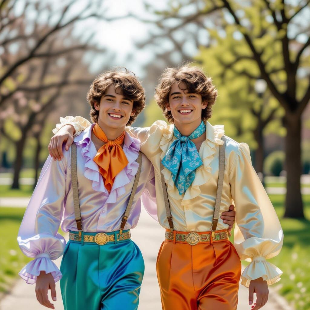 Teenage Boys in Satin Trousers and Shirts in Park