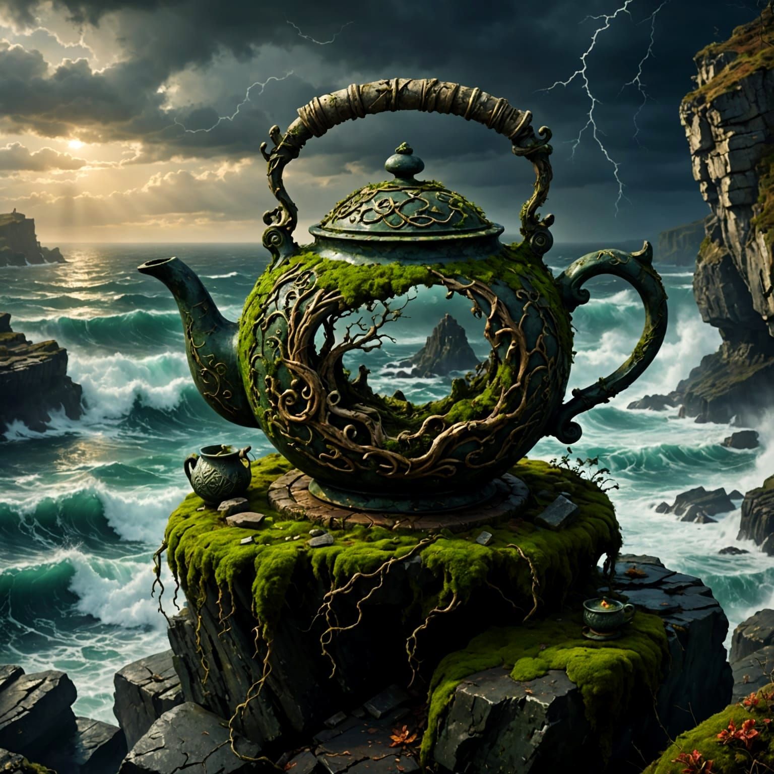 Ancient Stone Teapot on Cliff Edge in Stormy Sea