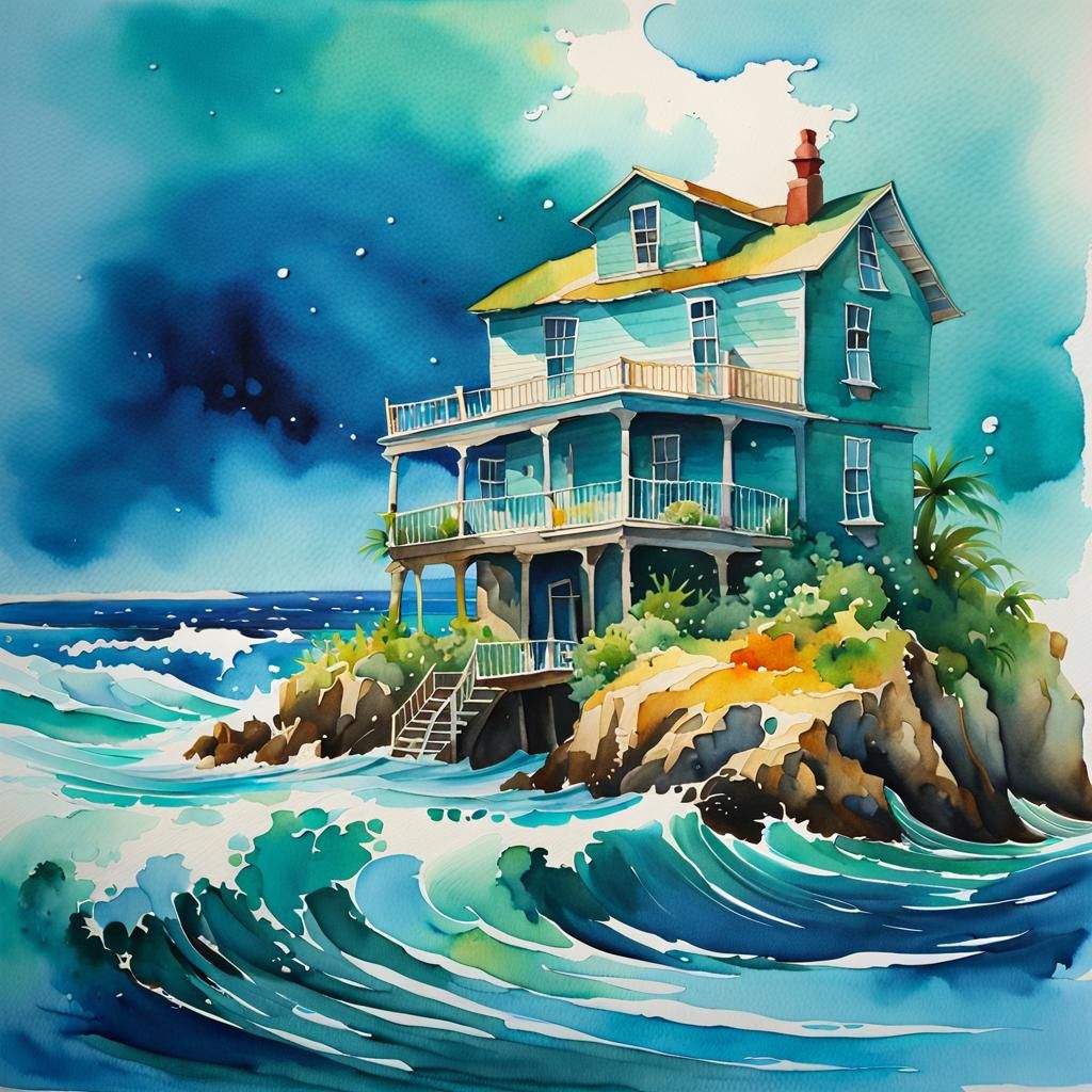 Whimsical Watercolor House Resilient on Ocean Island