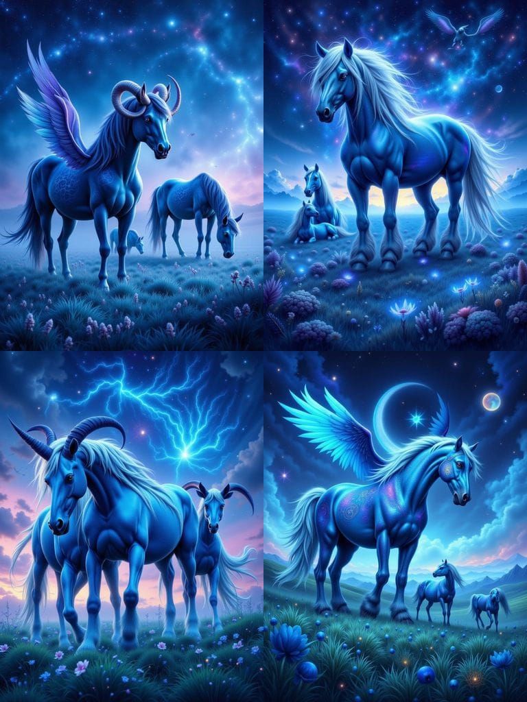 Giant Celestial Horses in Twilight Field