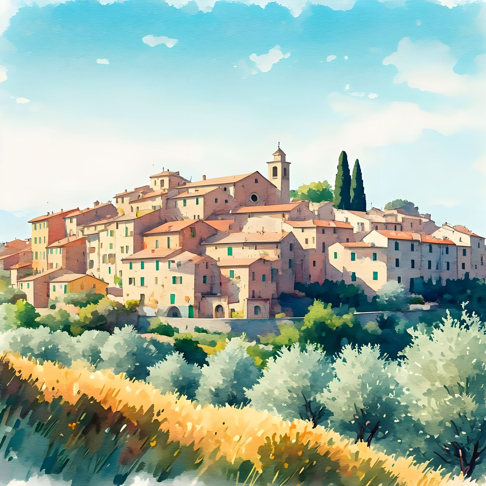 Italian Village in Watercolour Style