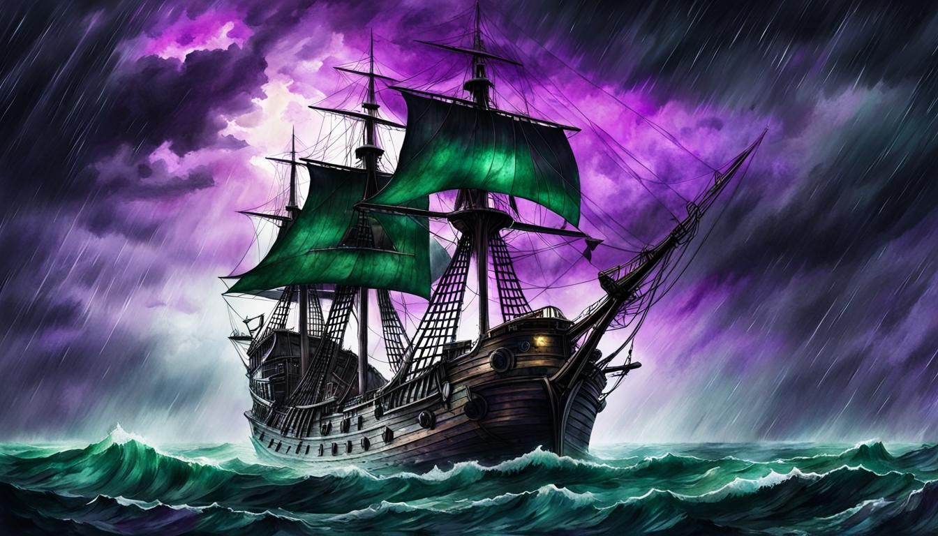 Haunted Pirate Ship on Stormy Sea: Watercolour Painting