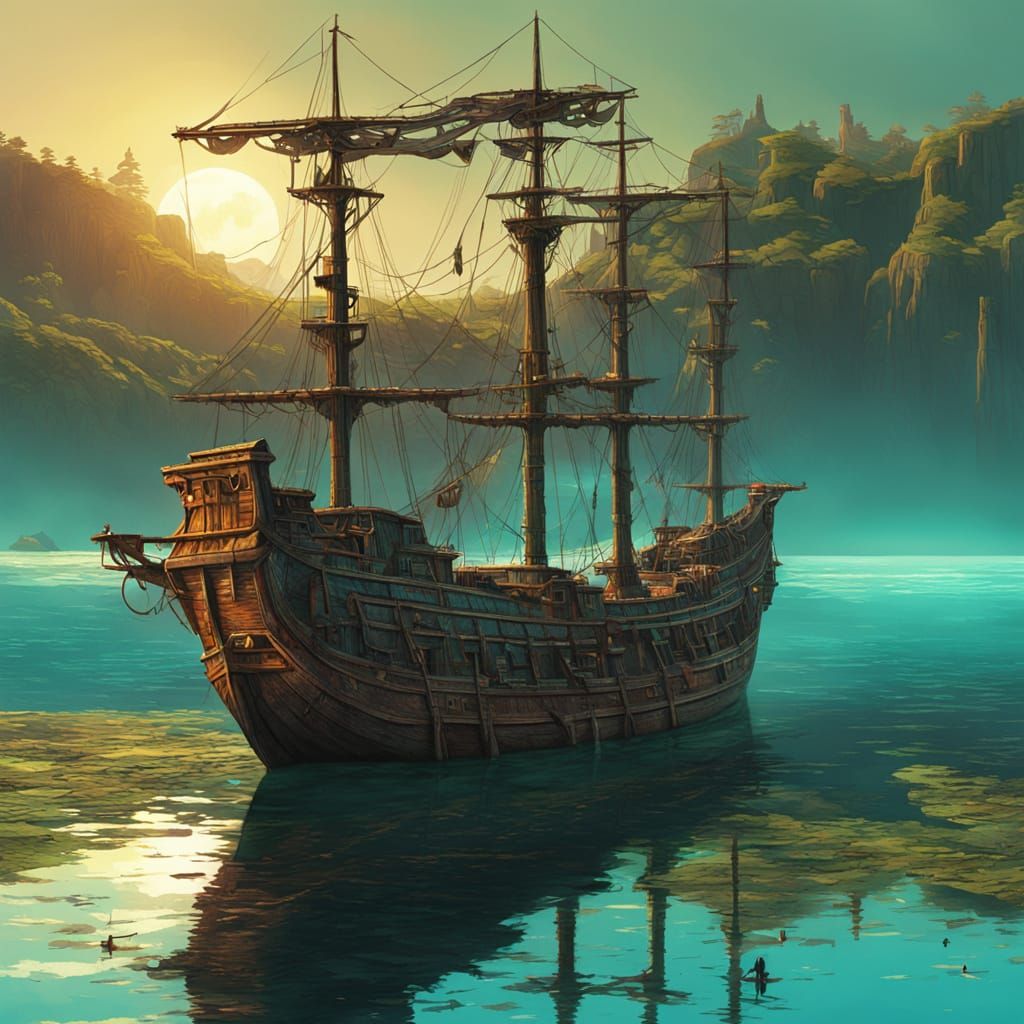 Ancient Galleon in Tranquil Lagoon at Night