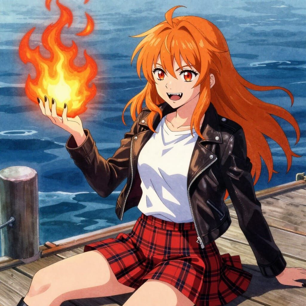 Fiery Demon Girl Playing with Fire Ball in Watercolor Style