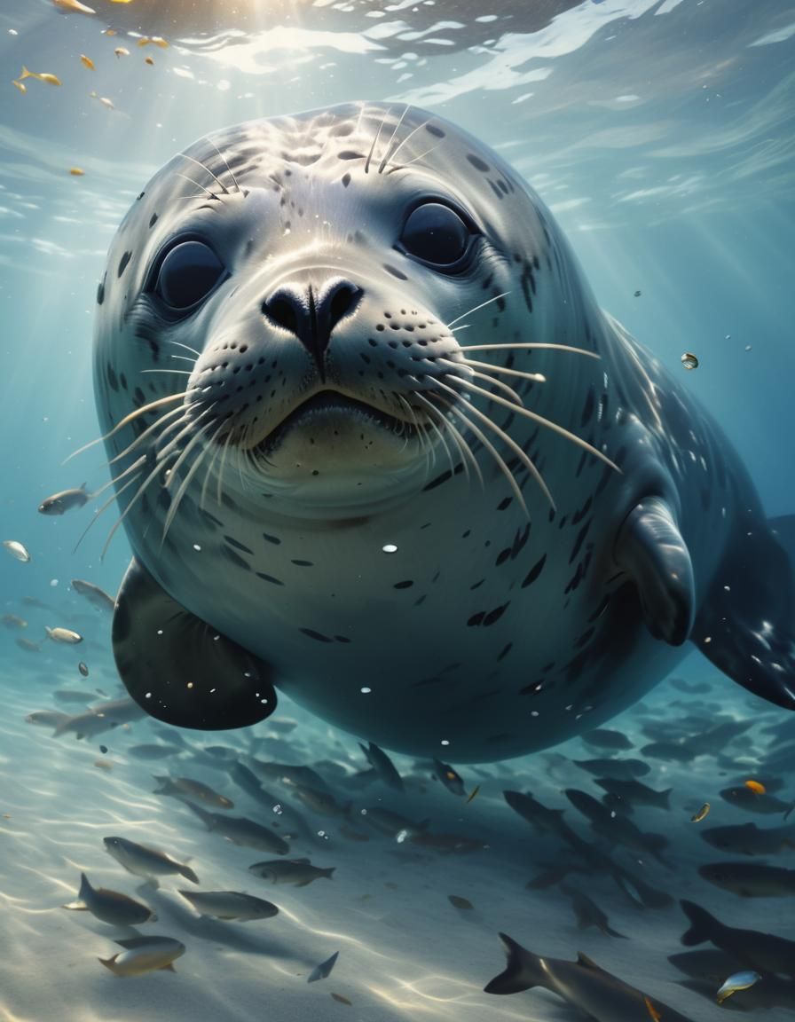Underwater Seal in Shimmering School of Fish