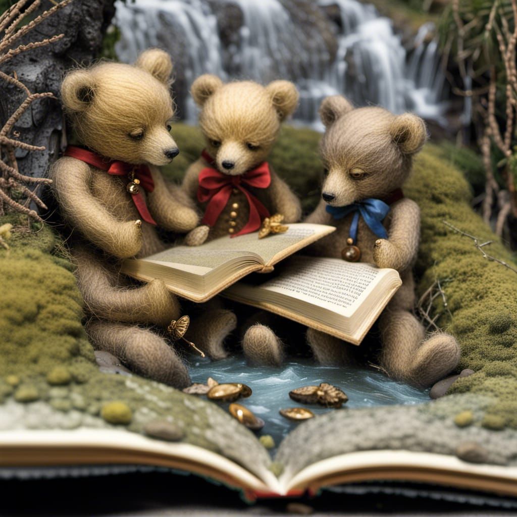 Teddy Bears Reading by Stream in Needle Felted Style