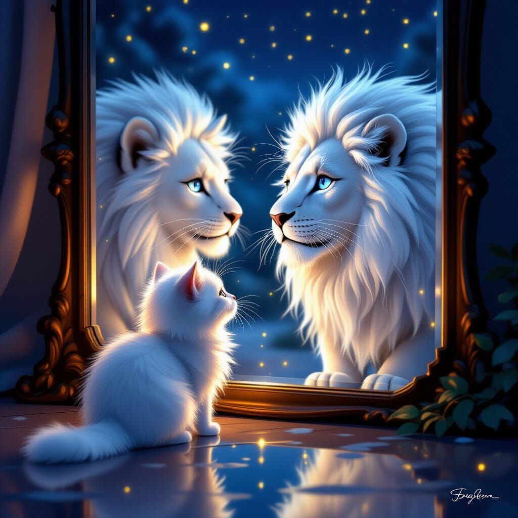 Magical Cat and Lion Reflection in Detailed Night Scene