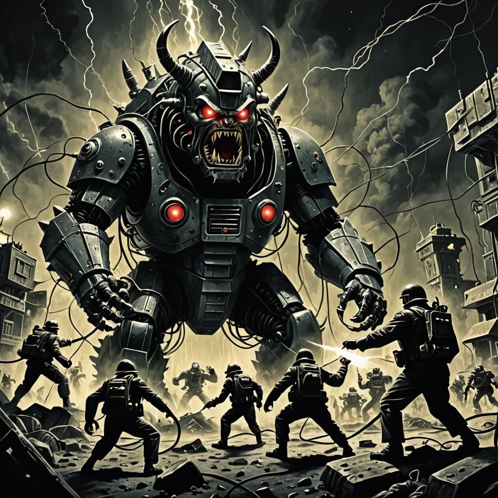 Army vs. Electrical Monster in Film Noir Style