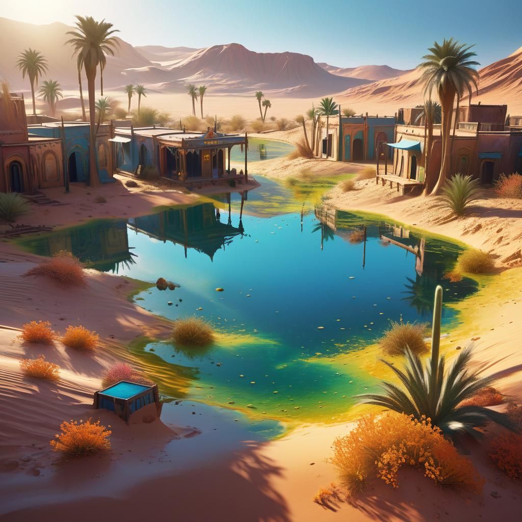 Sunken Desert Oasis Reflecting a Village: Splash Art