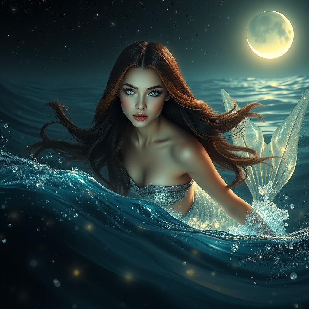 Brunette Mermaid Swimming in Bioluminescent Ocean