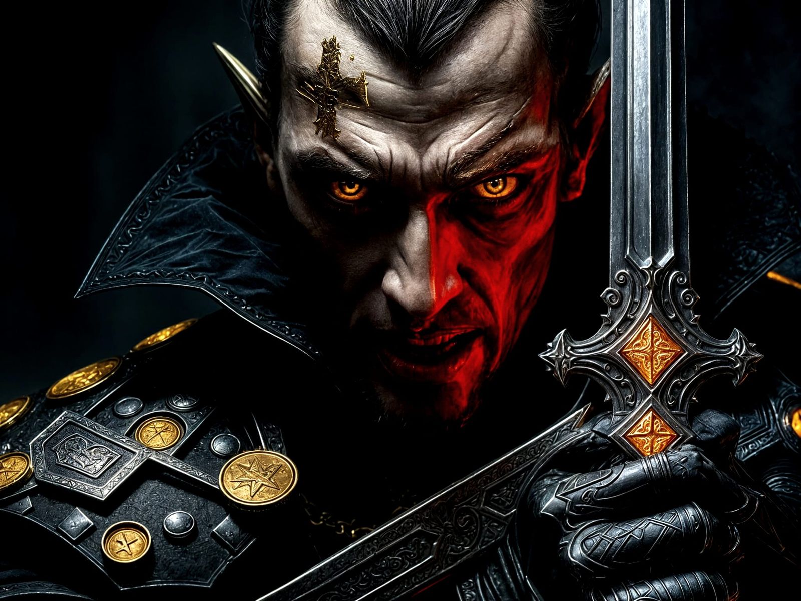 Armored Vampire with Silver Sword in Gothic Setting