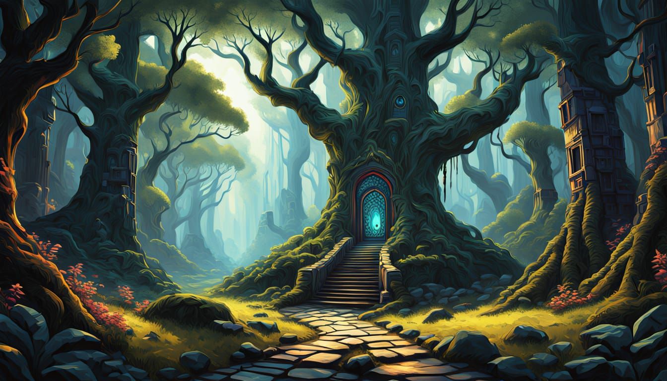 Neo-Impressionist Forest Portal with Cubist Elements