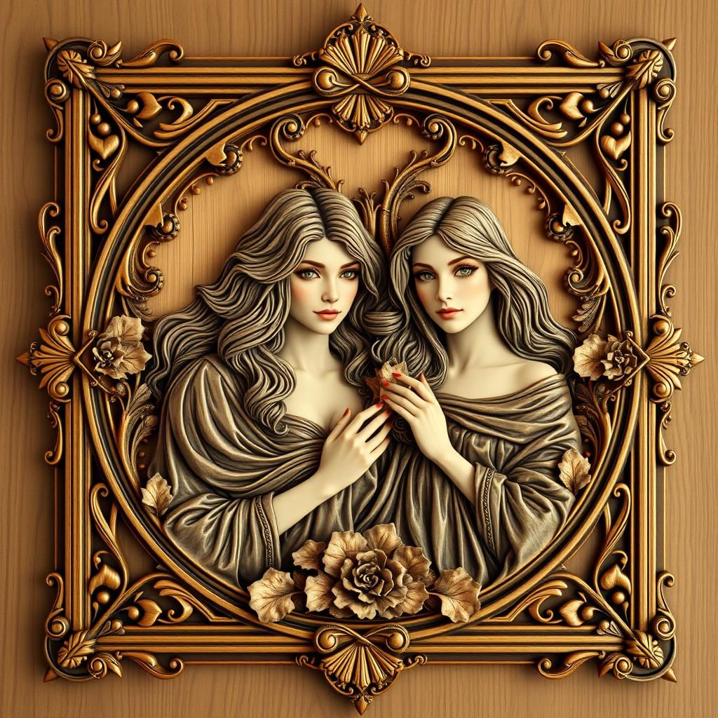 Wood Relief of Mystical Sisters in Art Nouveau Style