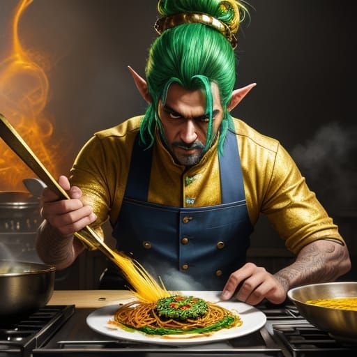 Punk Elven Chef Cooks Spaghetti Bun in Whimsical Realism