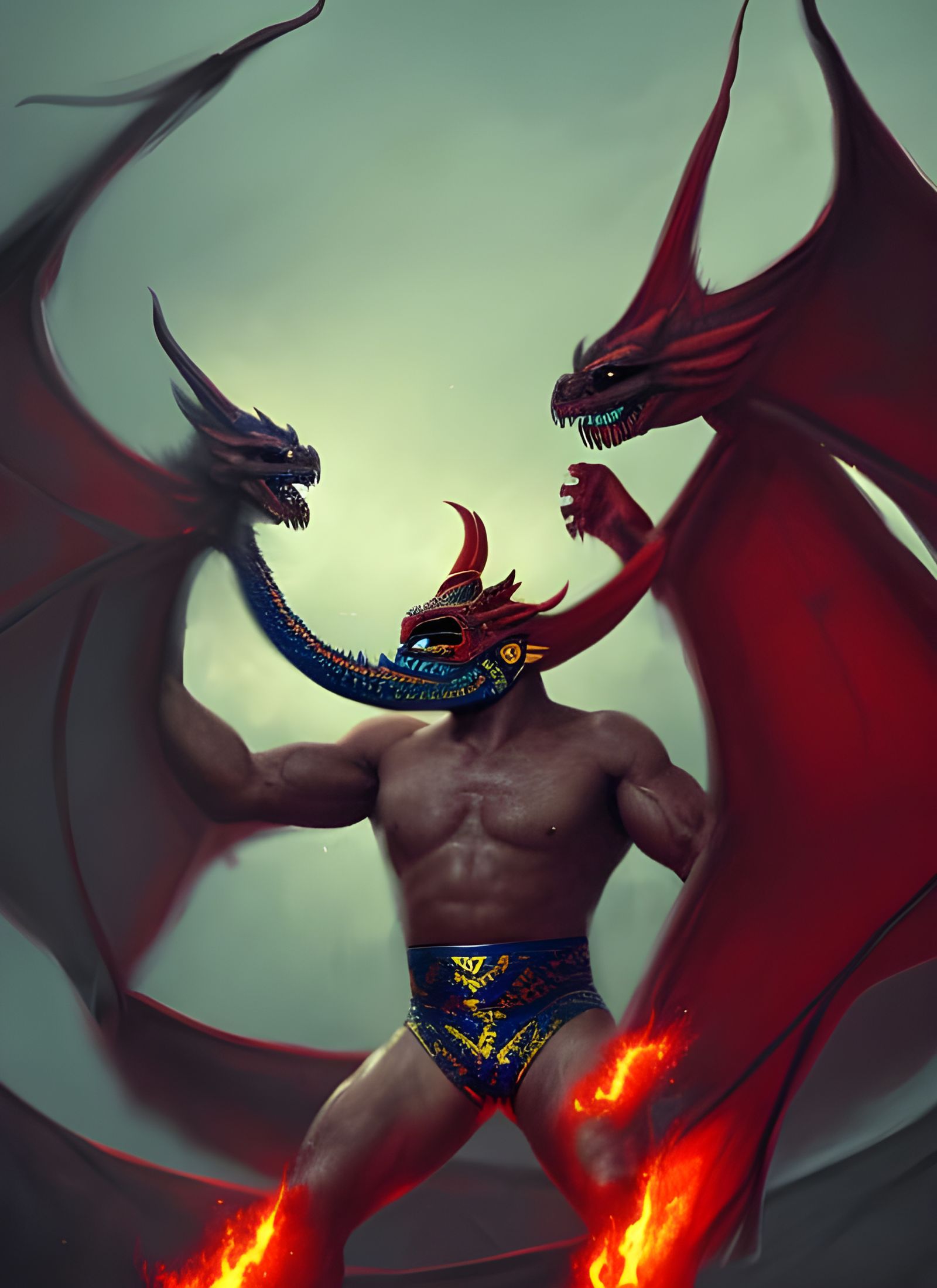 Luchador Wrestling Dragon in Stadium, Dark Fantasy Art