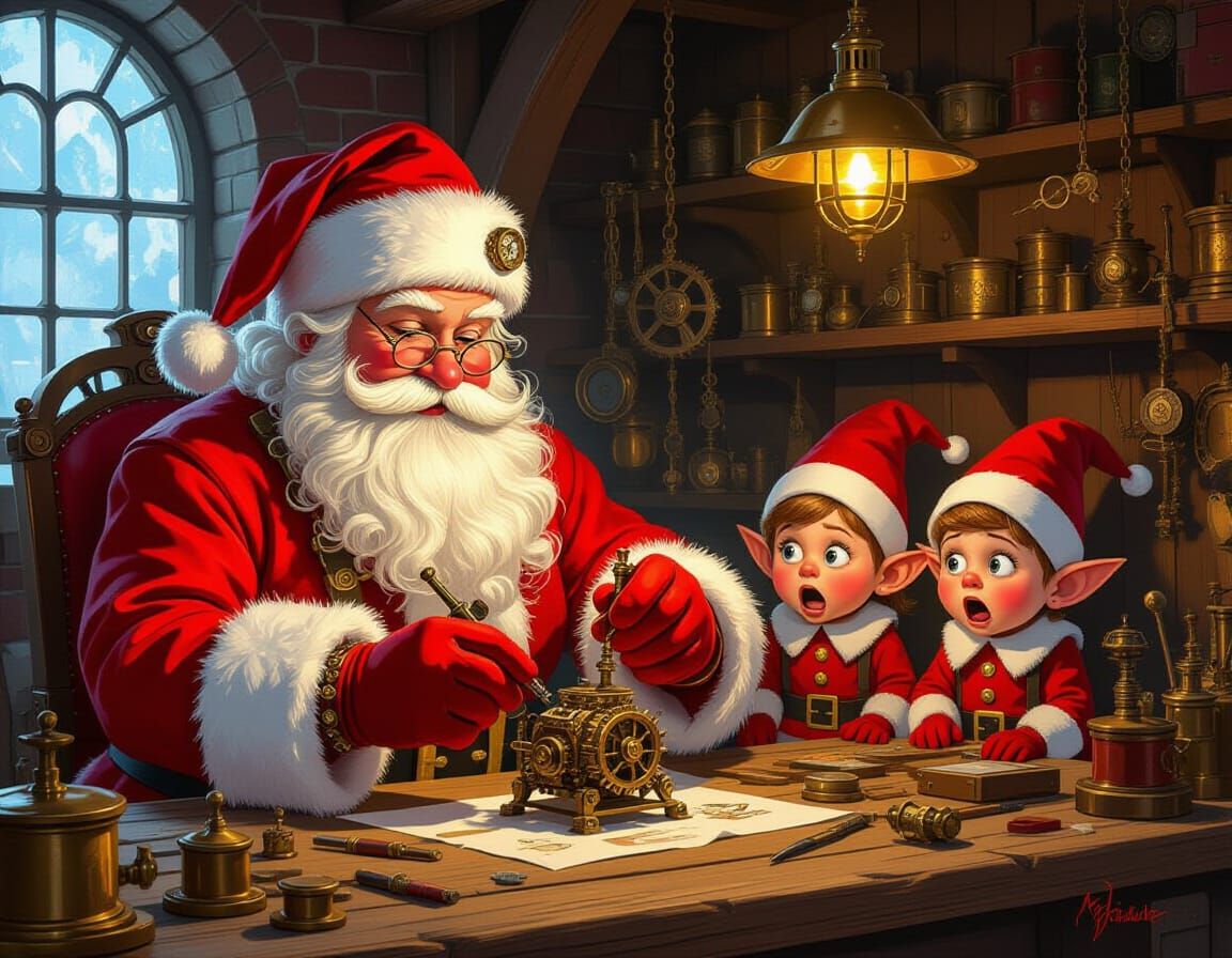 Steampunk Santa Crafts Mechanical Elf in Workshop
