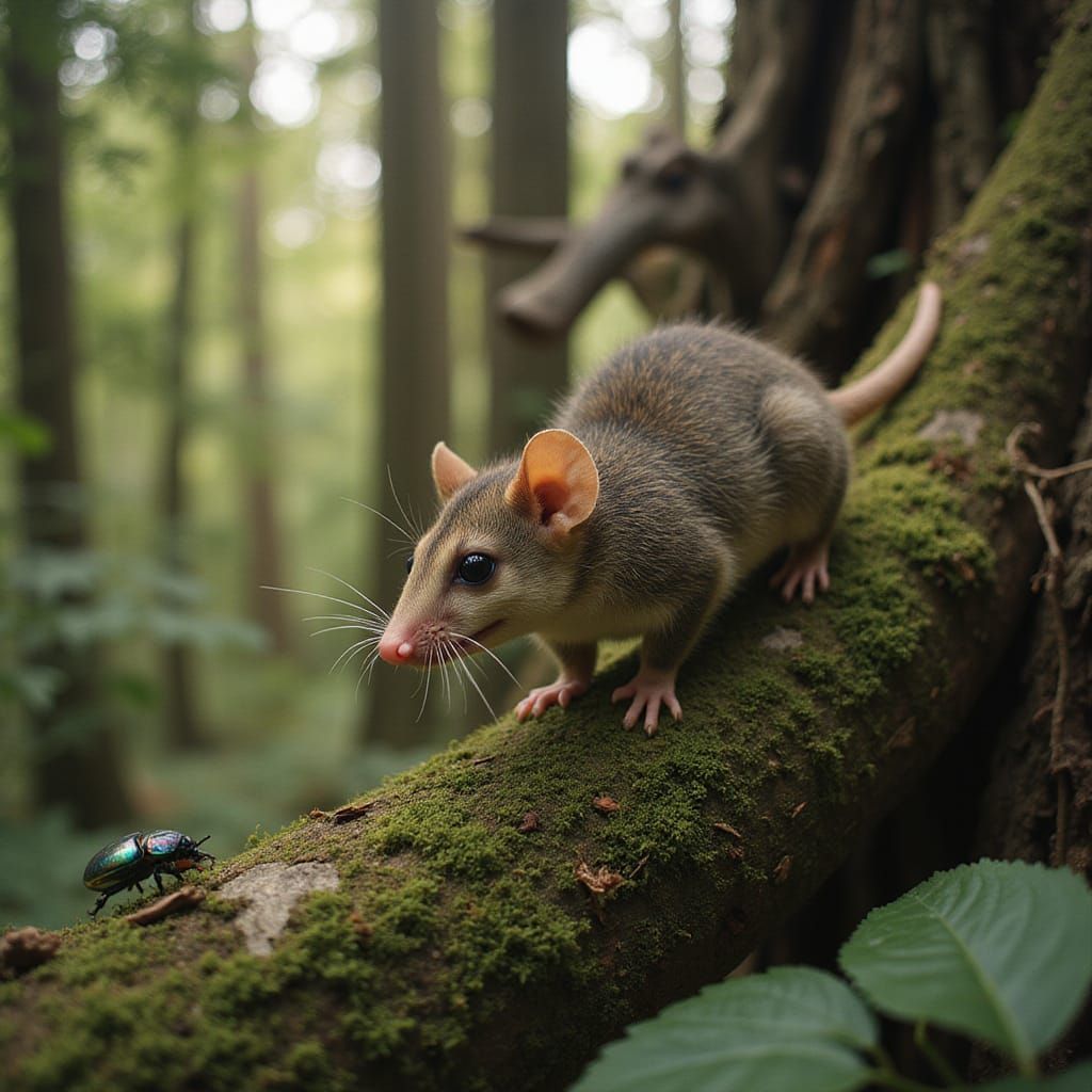 Possum and Beetle in Redwood Forest, Cinematic Film Still