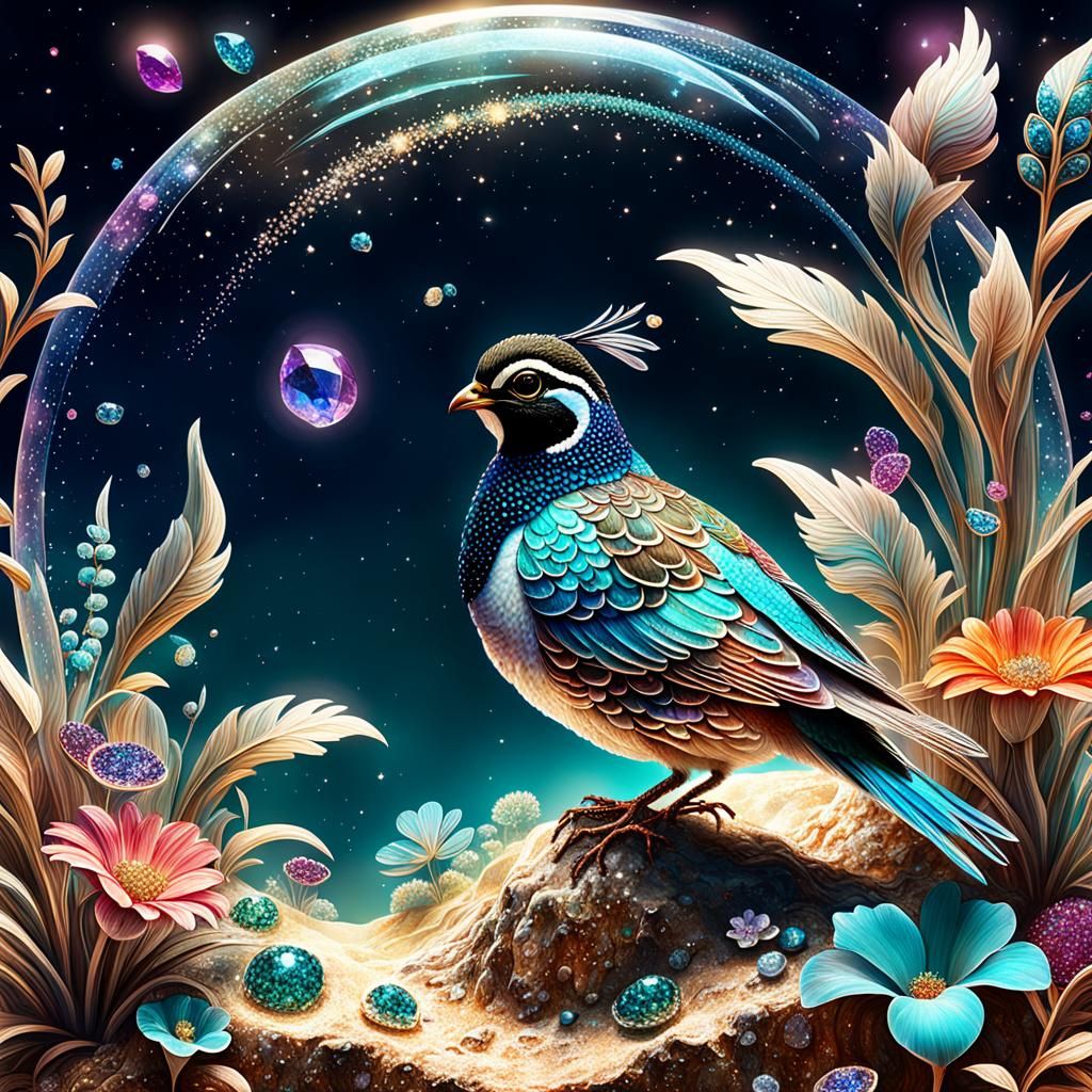 Bejeweled Quail in Galactic Oasis, Romanticism Style