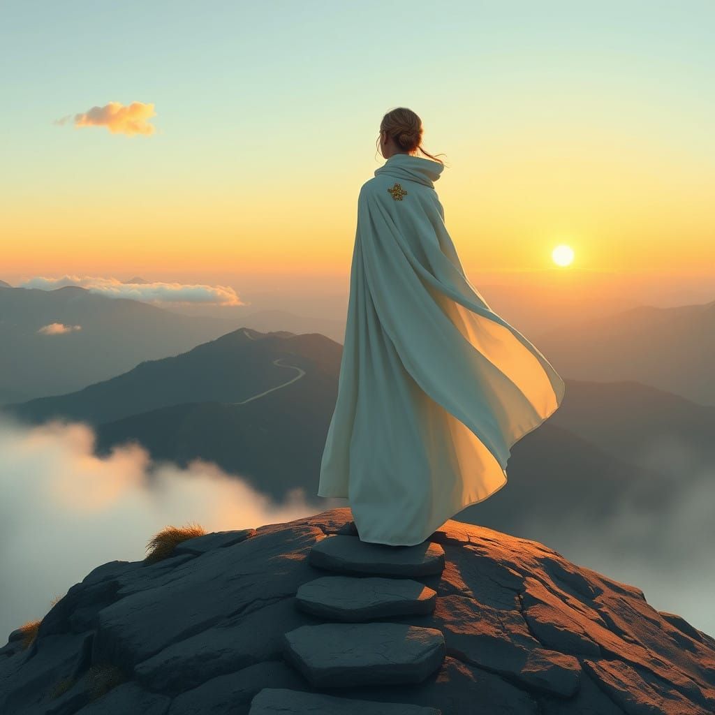 Woman Embodies Resilience on Serene Mountain Peak at Dawn