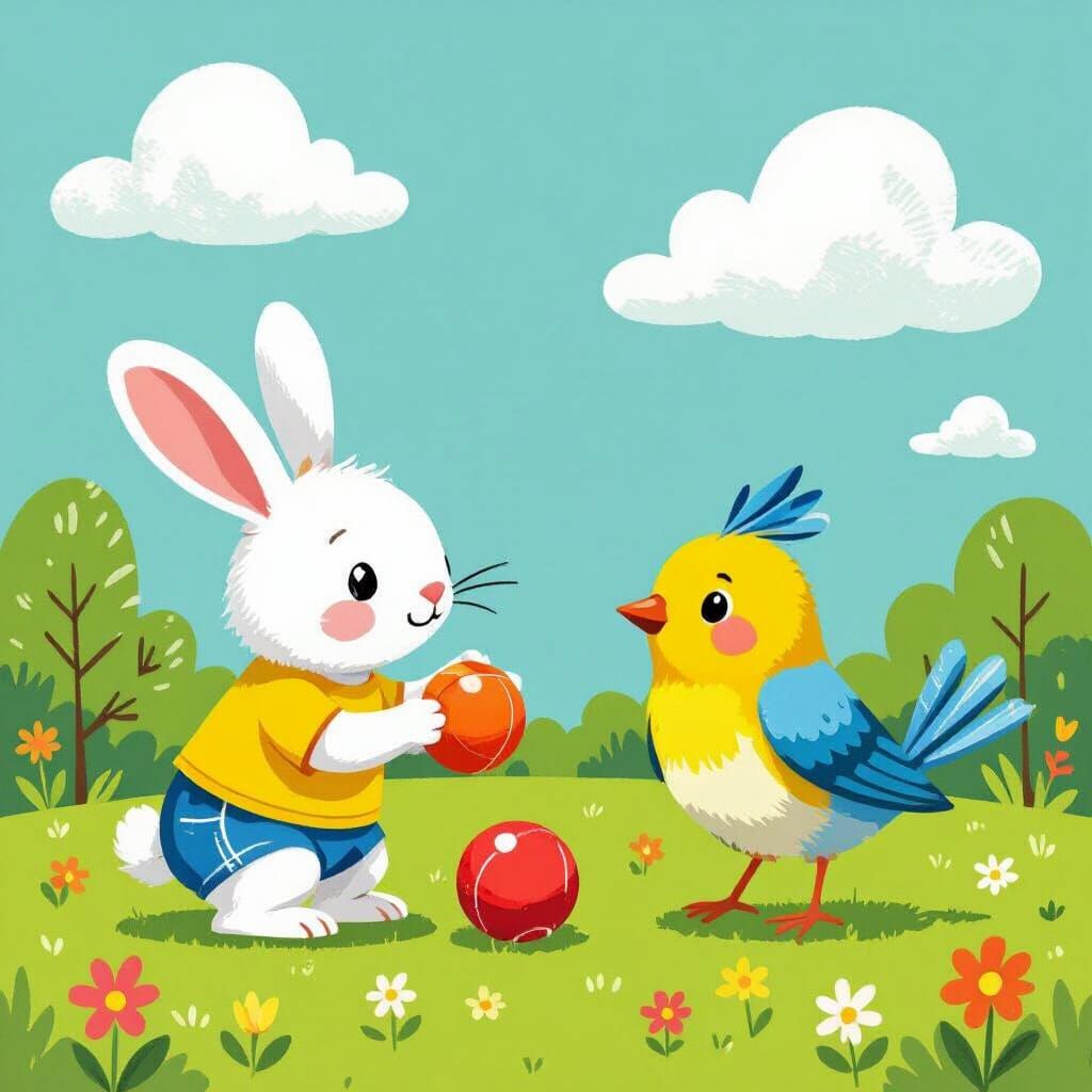 Whimsical Rabbit and Bird in a Park