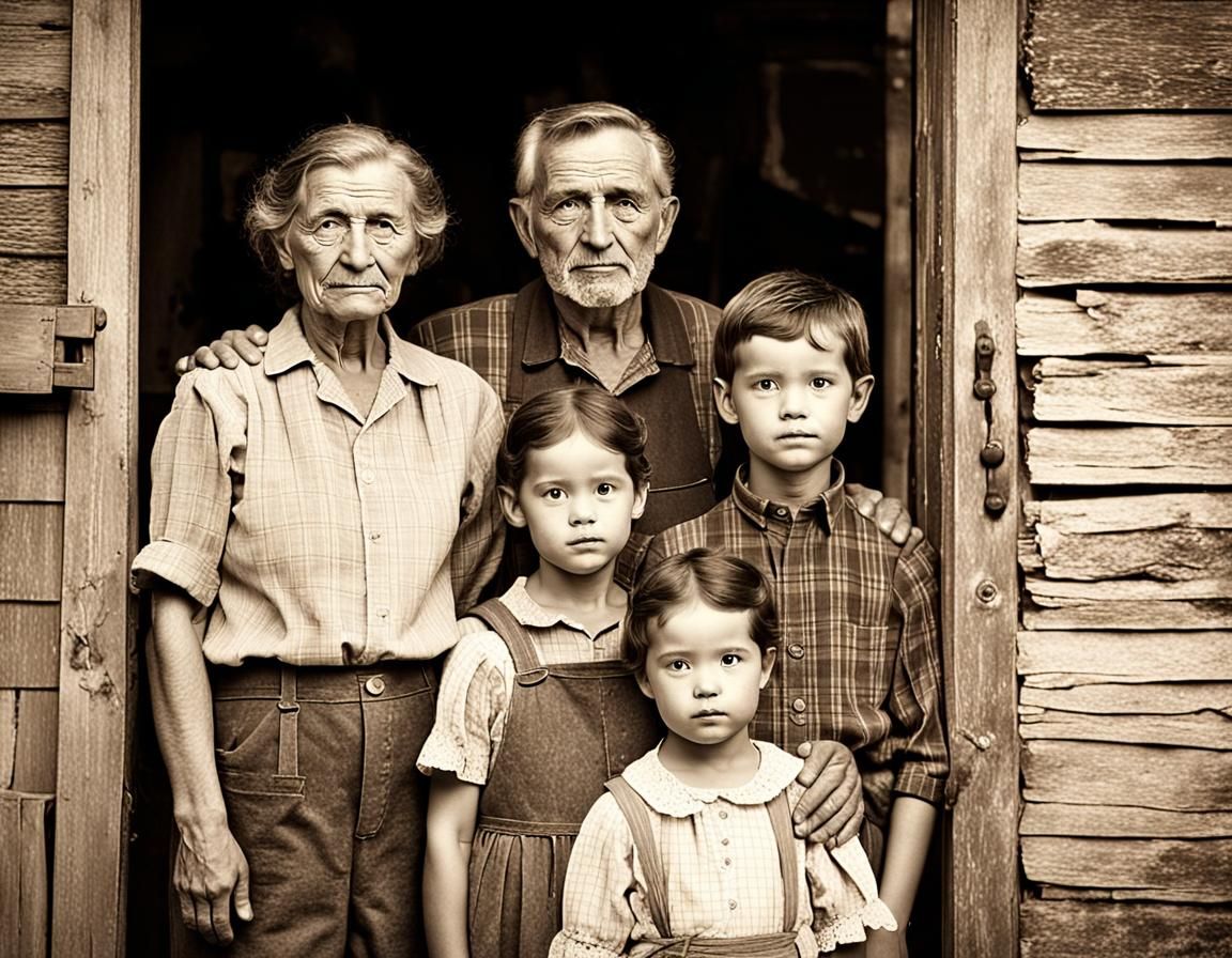 Vintage Sepia Portrait of Farmhouse Family