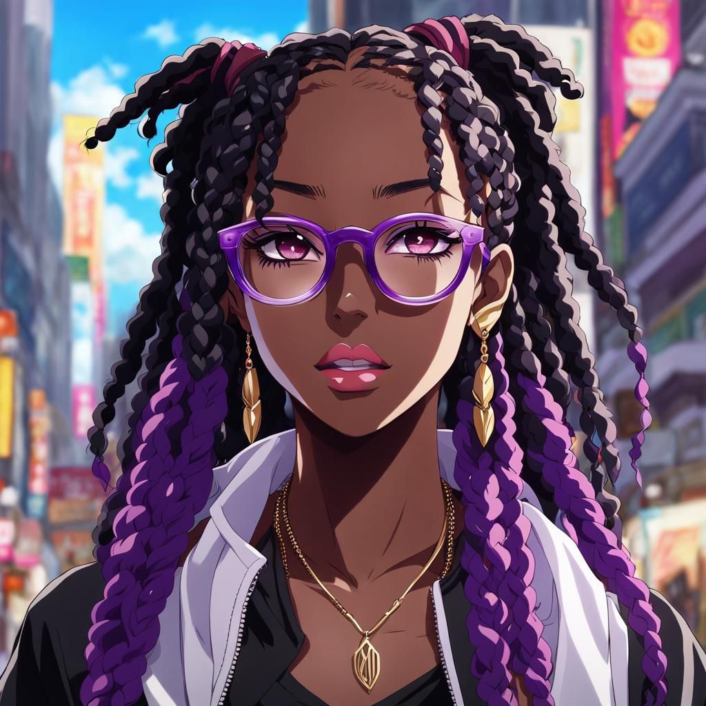Anime Black Girl with Dreads and Glasses