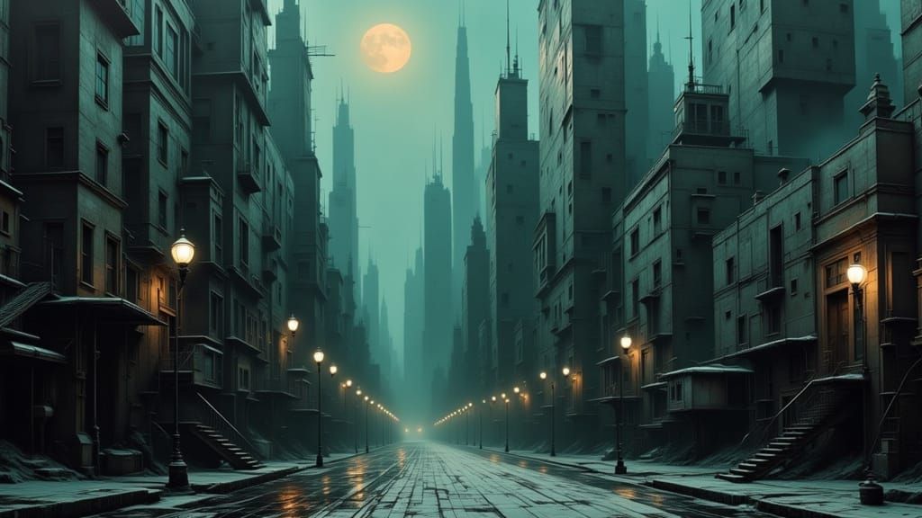 Unsettling Midnight Cityscape in Brutalist Oil Painting Styl...