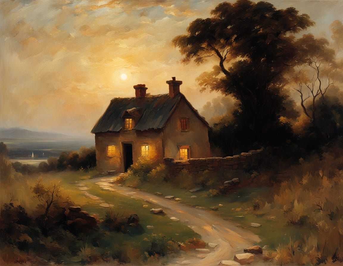 Romantic Cottage Landscape Painting at Dusk