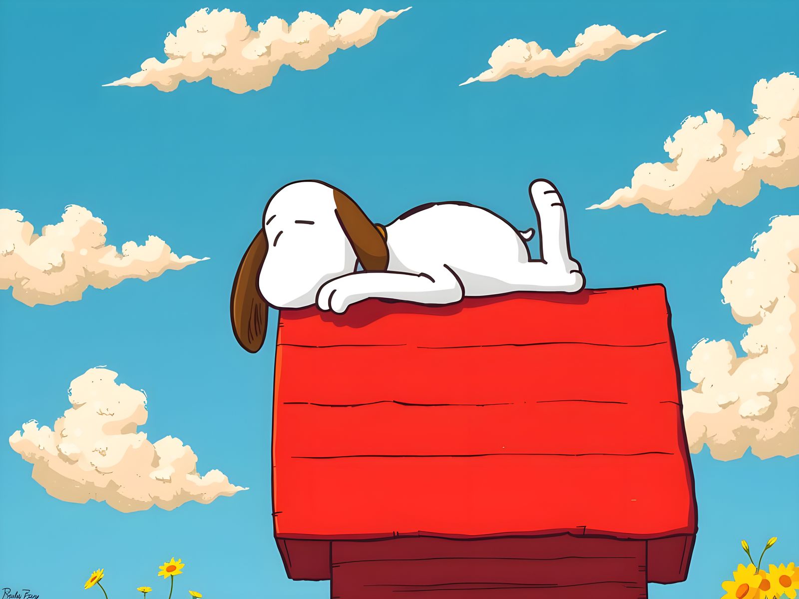 Snoopy Relaxing on His Red Doghouse