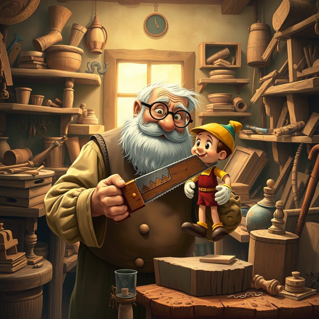 A Whimsical Woodworker Cuts a Wooden Boy