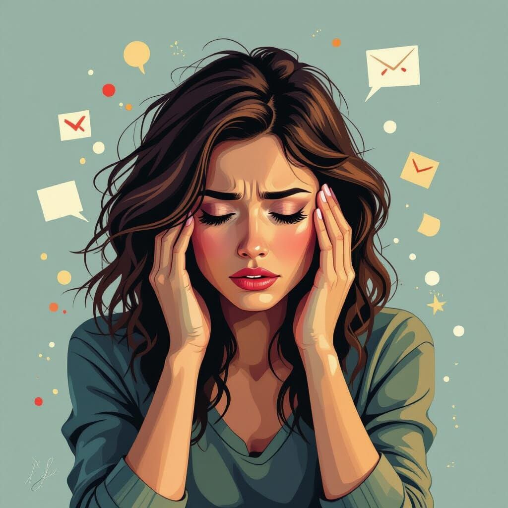 Stressed Woman Surrounded by Chaotic Thoughts