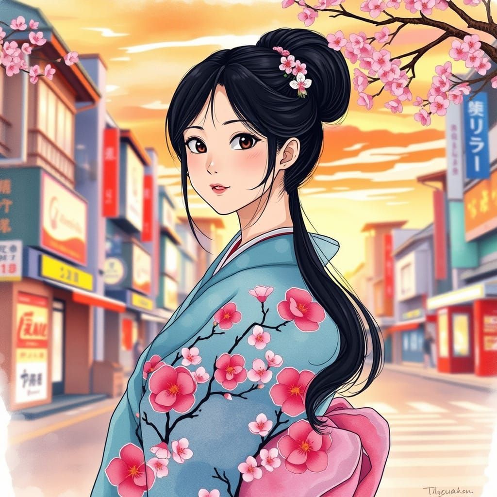 Elegant Osaka Beauty in Vibrant Kimono at Sunset