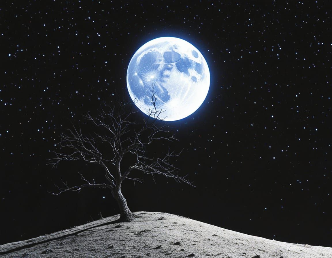 Lonely Tree Under a Blue Moonlit Sky