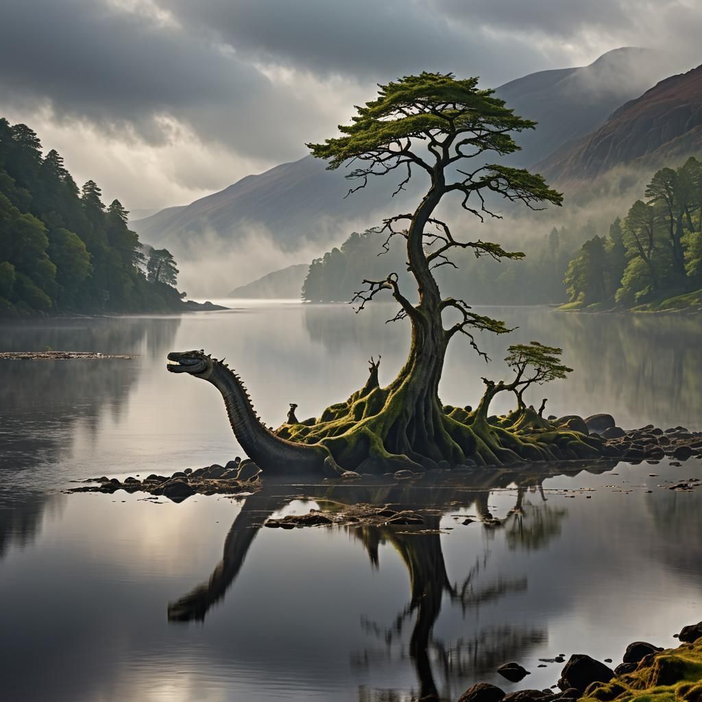 Mystical Loch Ness Monster in Dreamlike Landscape