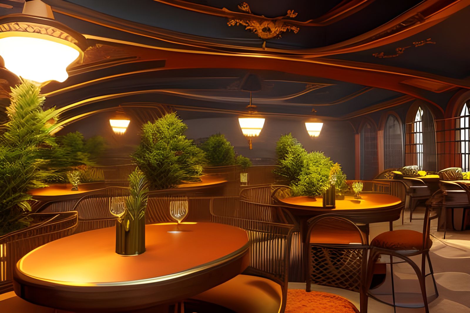 Versailles Style Restaurant Interior with Cannabis, Art Nouv...