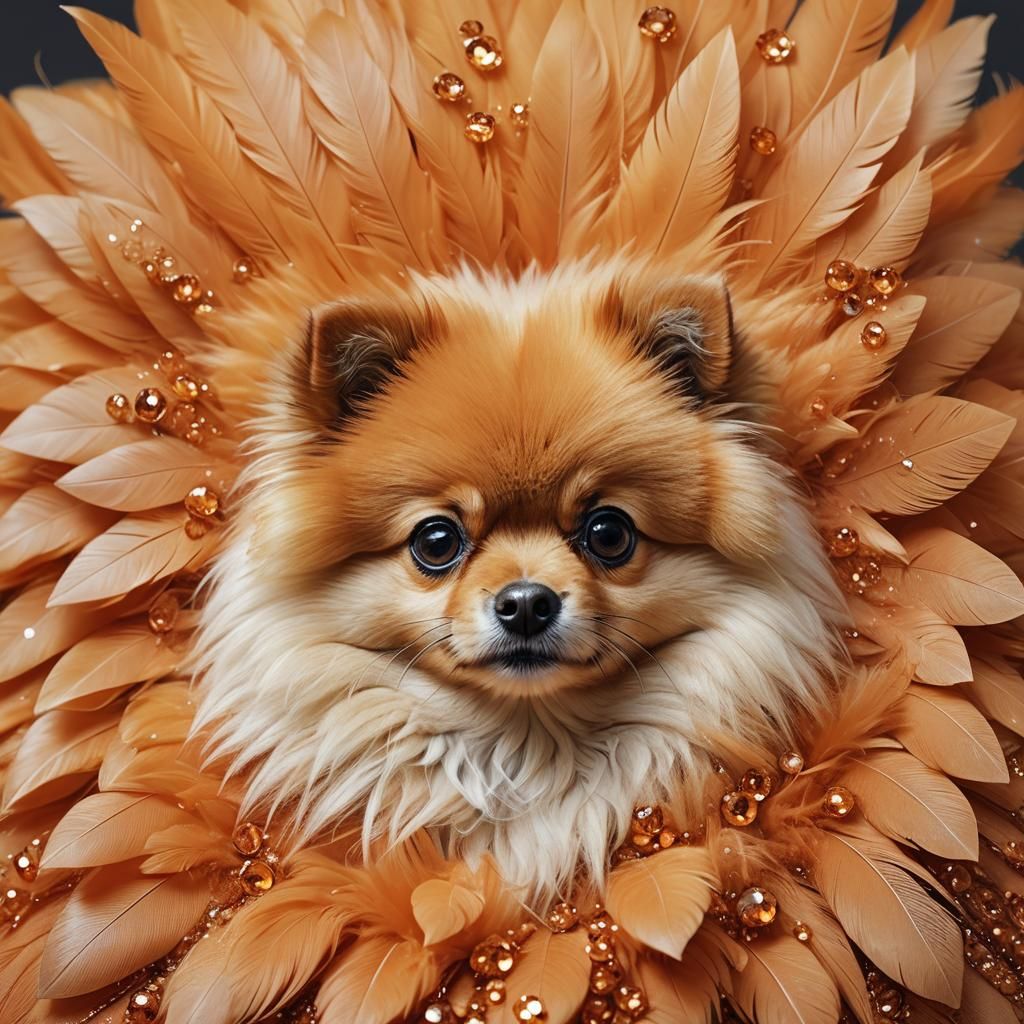 Hyperrealistic Pomeranian Portrait with Crystal Gems