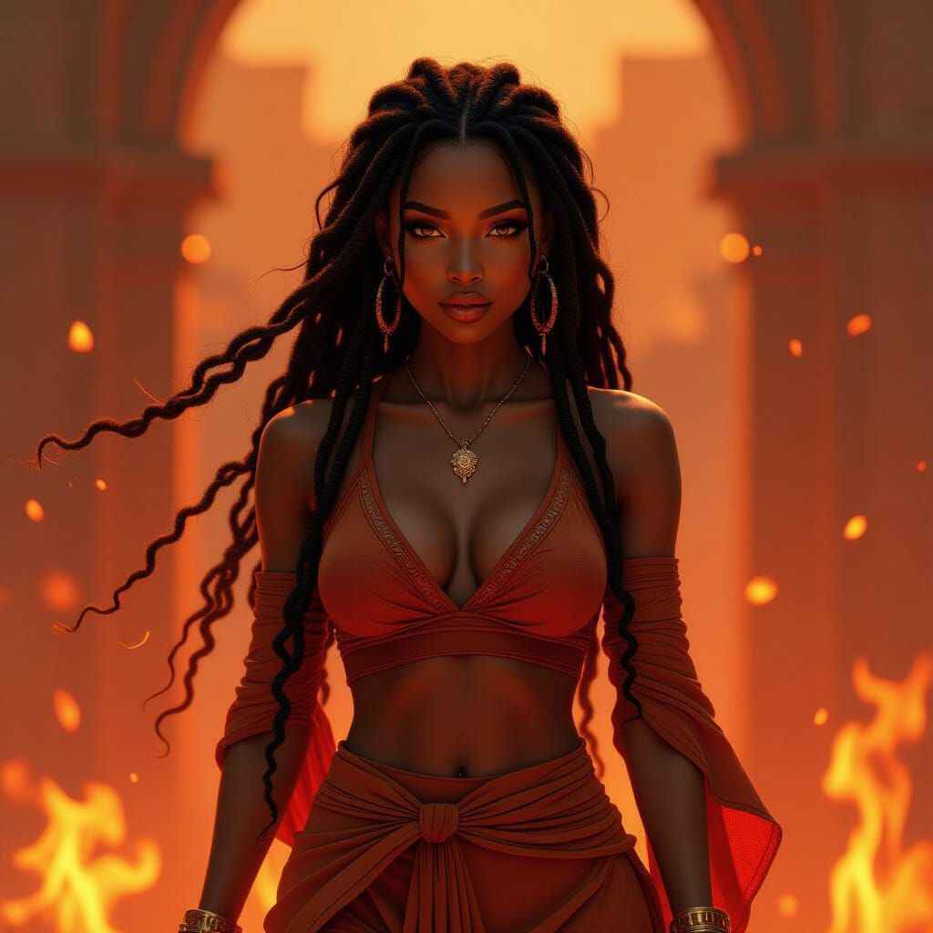 Confident Woman Walks Away From Fire in Digital Painting