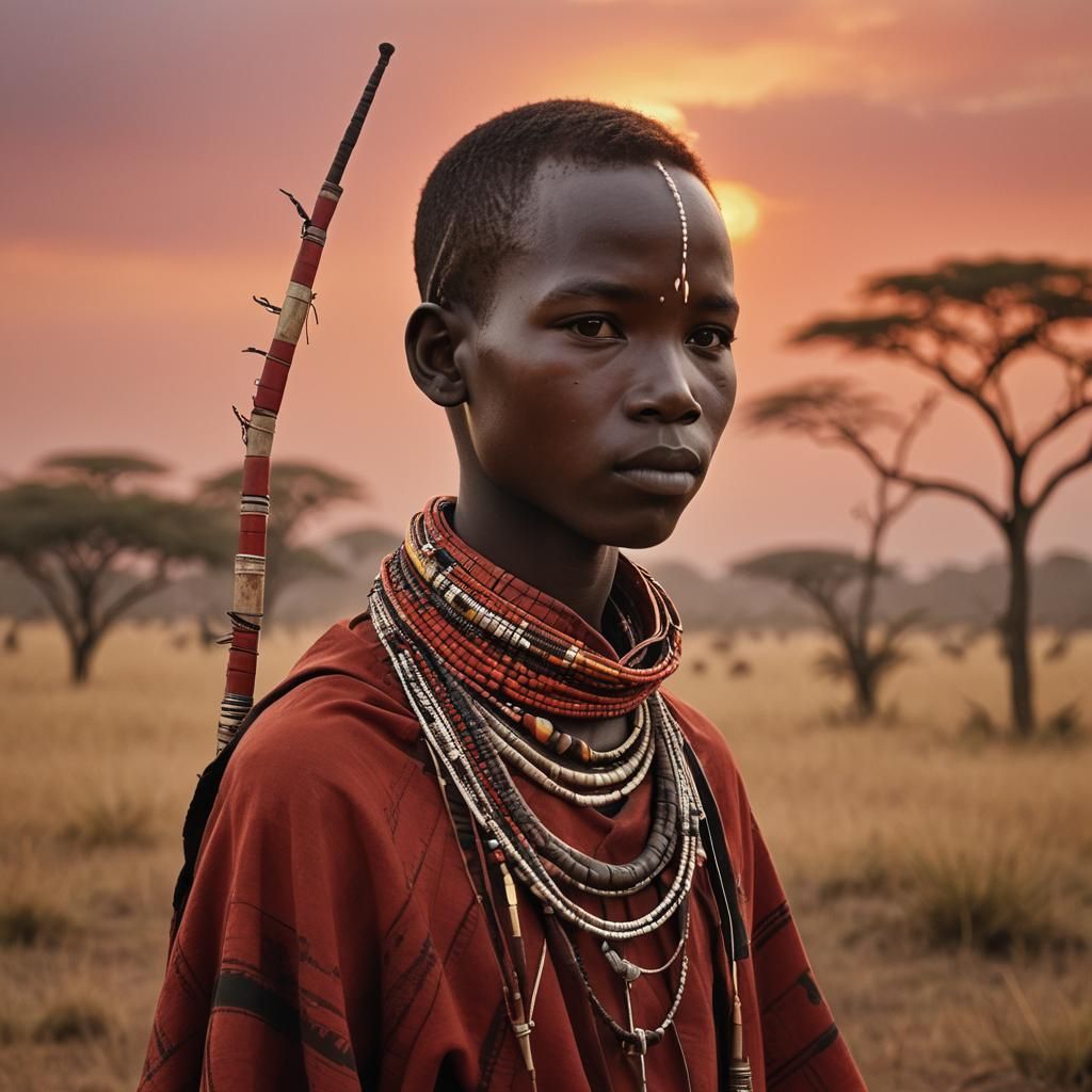 Maasai Boy Portrait at Sunset in Hyperdetailed Style