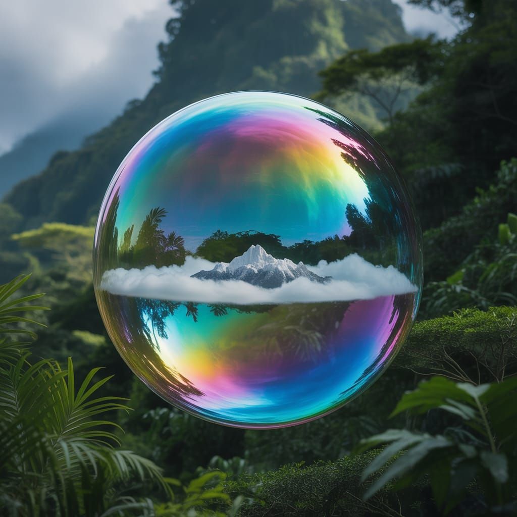 Colossal Iridescent Bubble Over Lush Rainforest