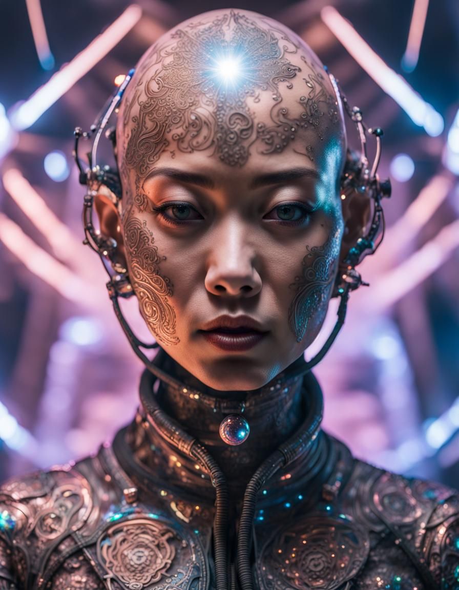 Bald Woman with Glowing Tattoos in Flesh Spacesuit