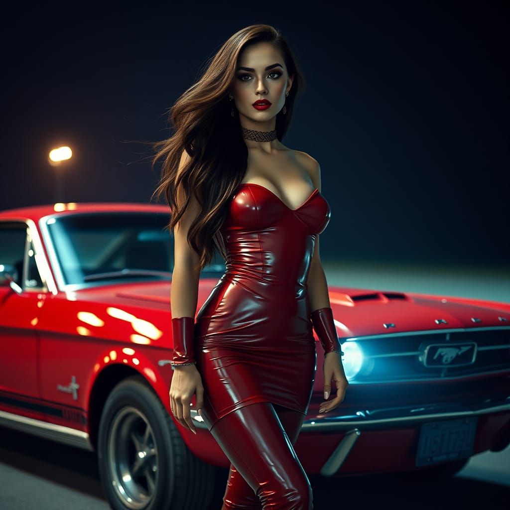 Goddess in Red Latex Attire, Ford Mustang in Cinematic Film ...