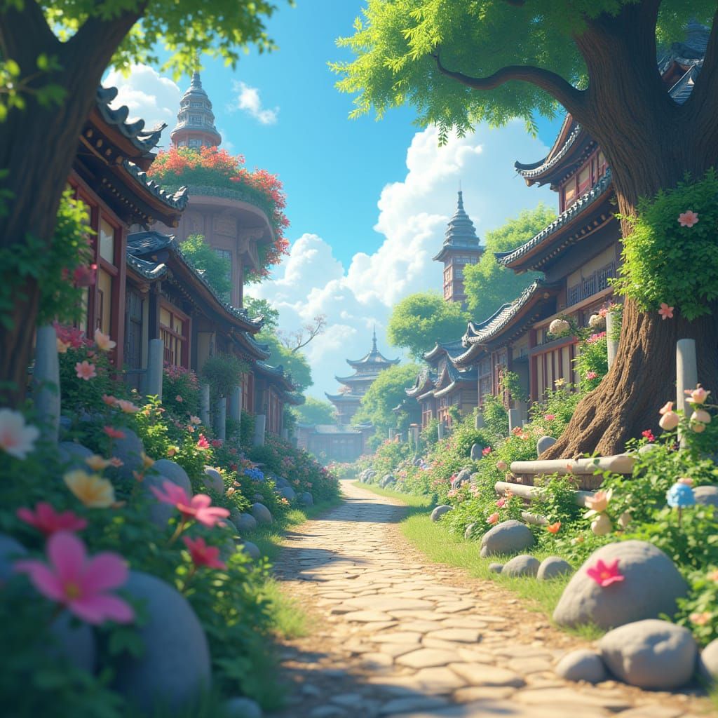 Fantastical Anime Landscape in Vibrant, Whimsical Style