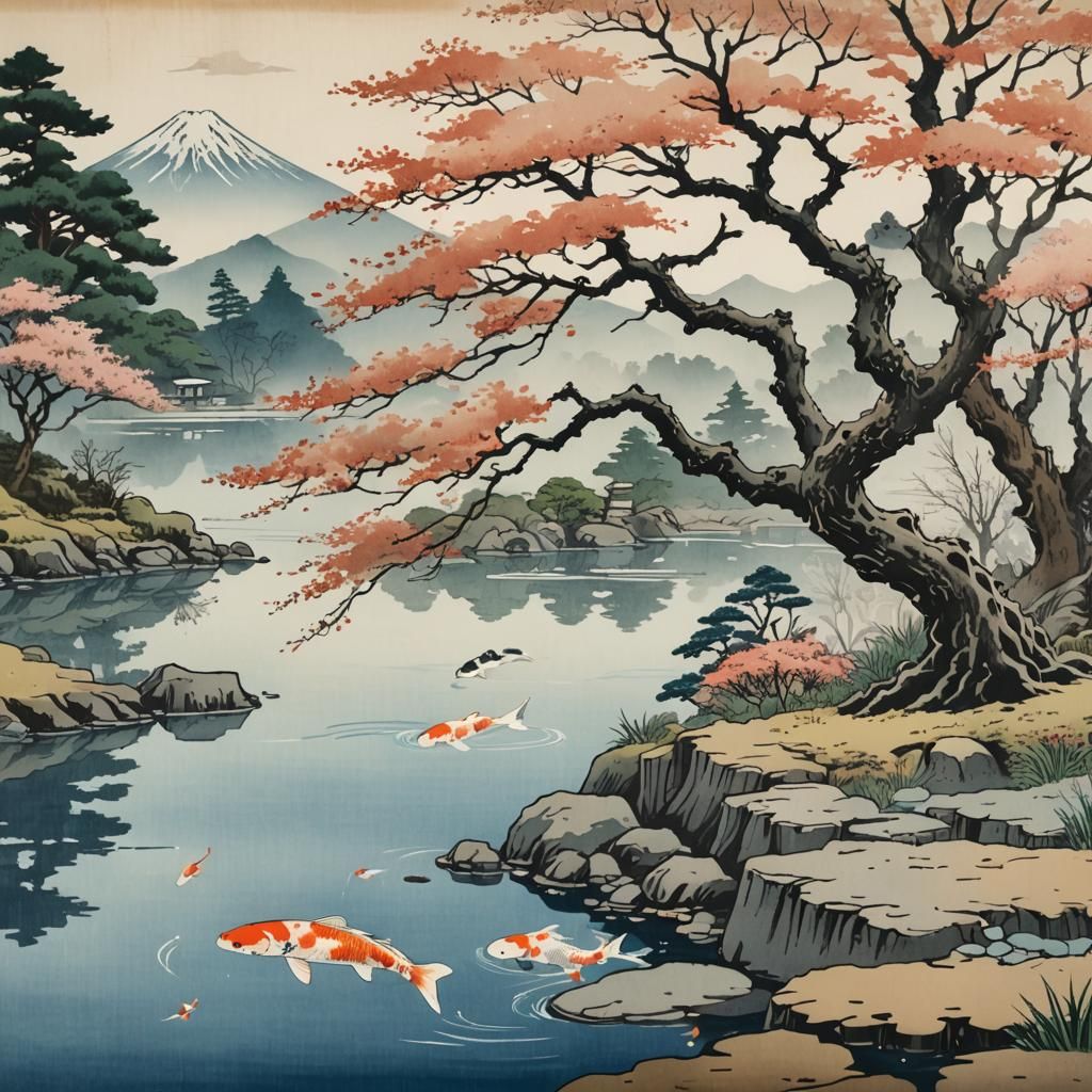Japanese Zen Garden in Ukiyo-e Style