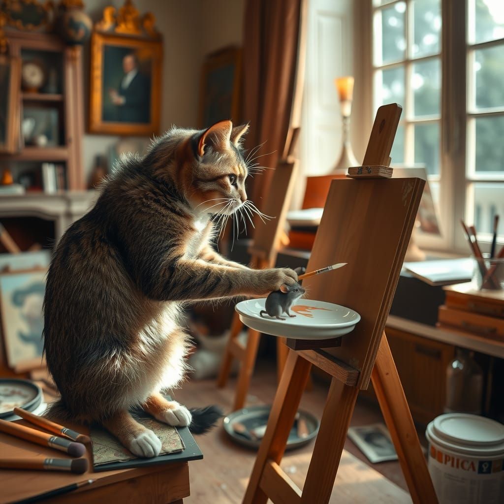 A cat painting a mouse (2) Epic cinematic brilliant stunning intricate meticulously detailed dramatic atmospheric enviro...