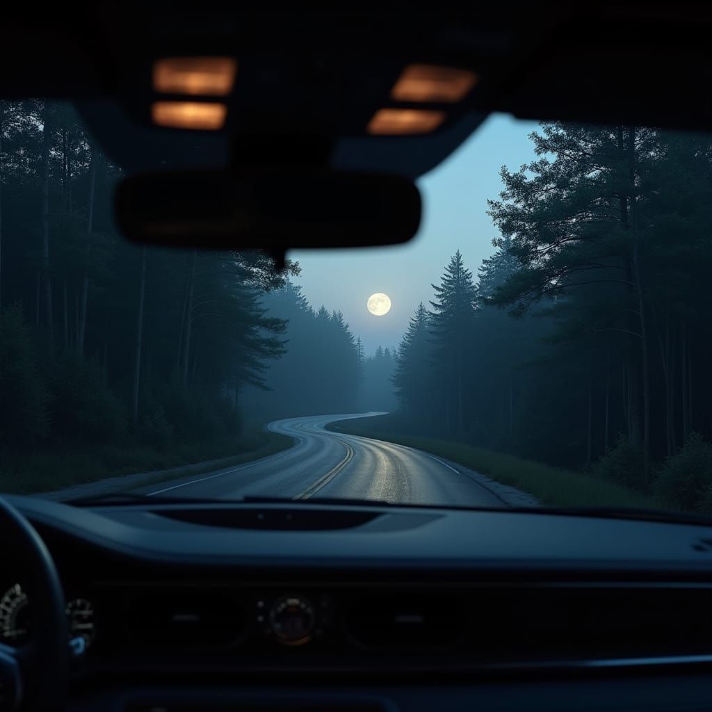 Luxury Car View: Night Forest Road Drive