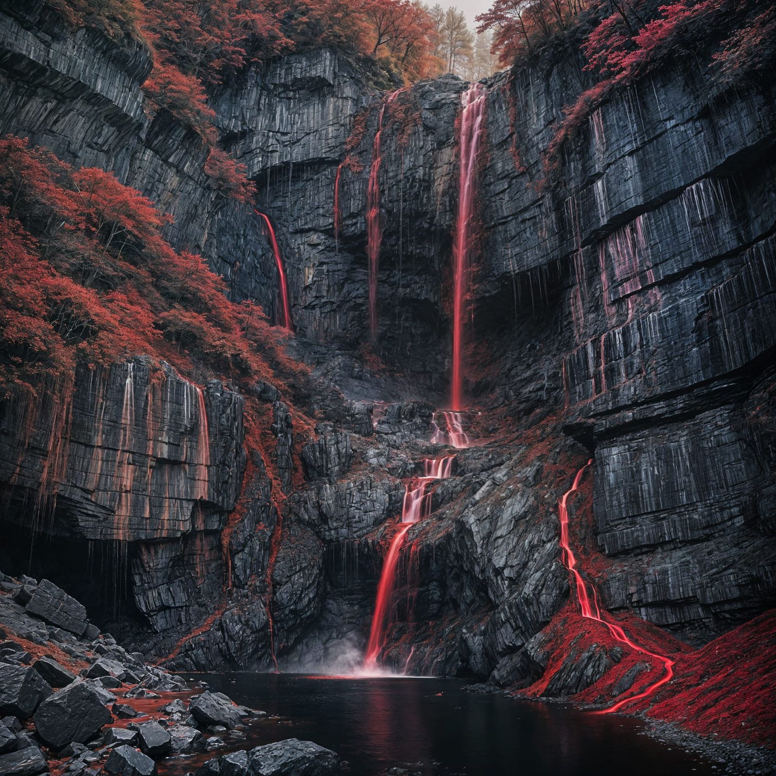 Red Waterfall of Darkness: An AI Interpretation