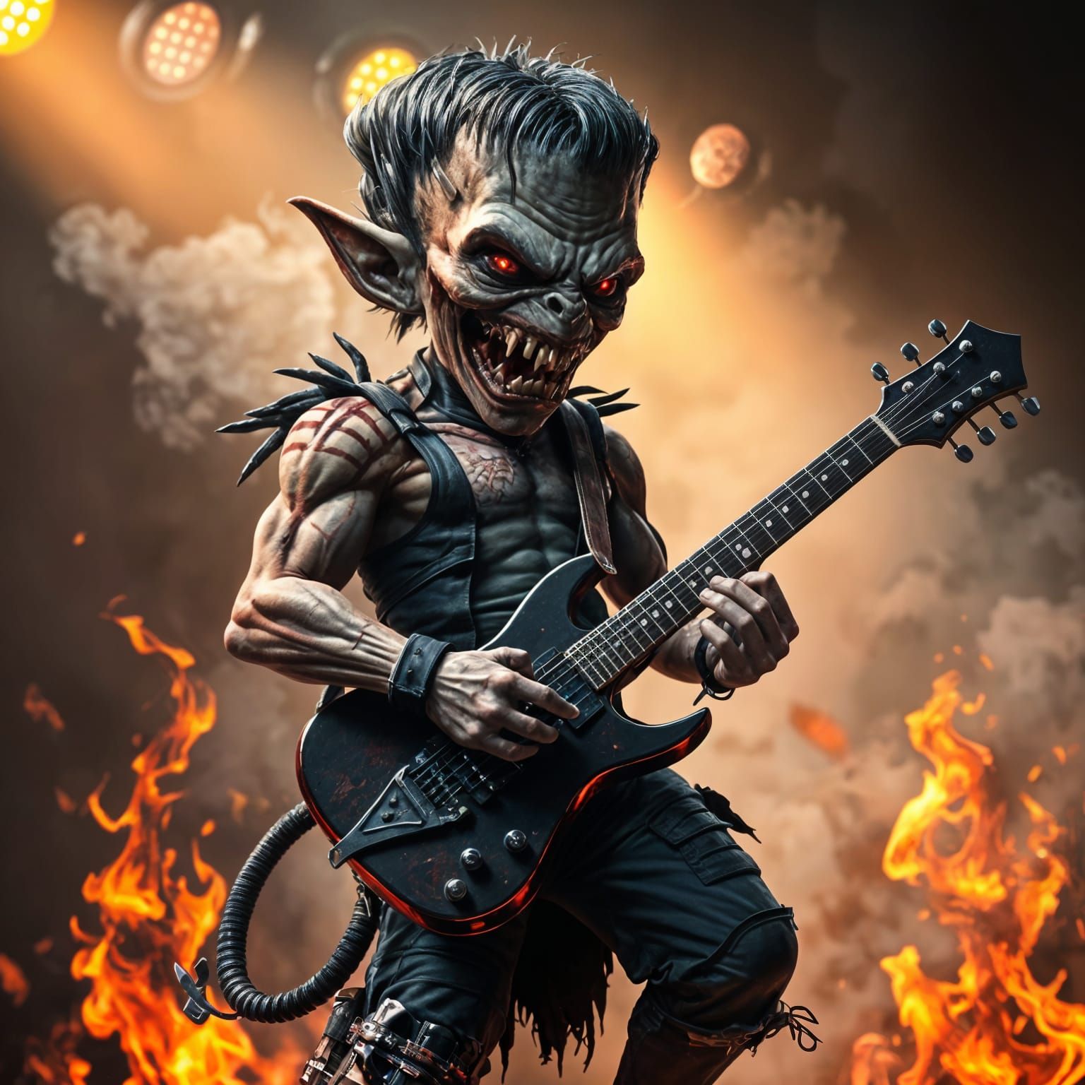 A muscular Chibi style cross creature of a Grotesque, evil, diseased and rotting futuristic version of Frankensteins Mon...